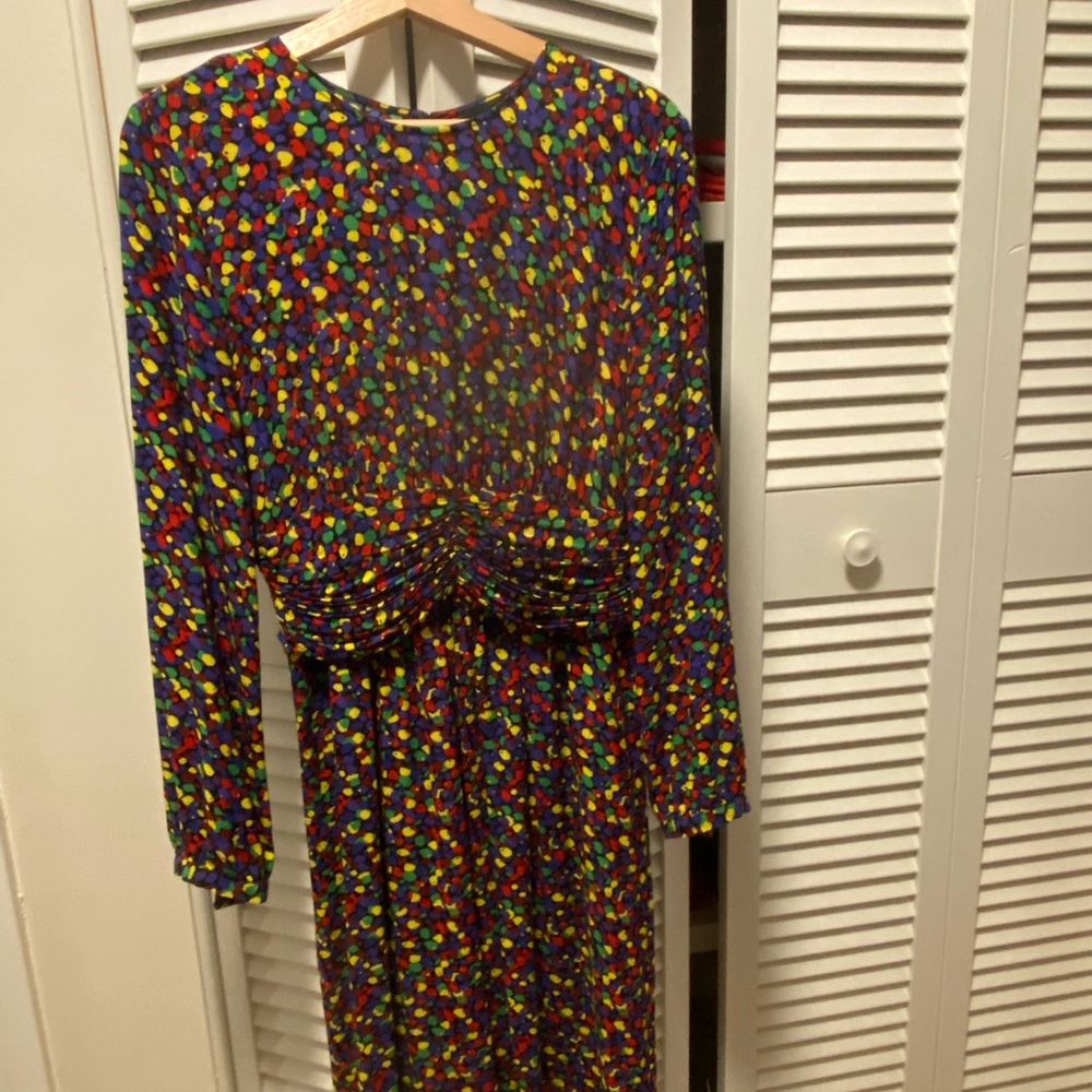Multicolor Polka-Dot Midi Dress with Long Sleeves